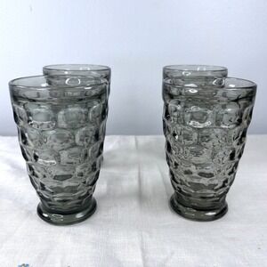 Vintage Smoke Grey Honeycomb Textured Glass Tumblers Set of 4 Mid Century Modern